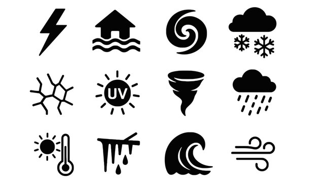 Weather icons depict various meteorological symbols on a white background including lightning fhj 84 ai