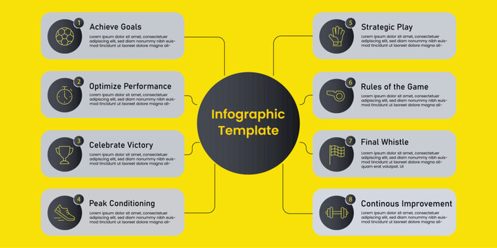 A vibrant infographic template with a yellow background and a central black circle surrounded by eight gray boxes with black and yellow icons and text