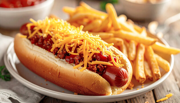 Chili dog with shredded cheese on bun, served with French fries, macro shot. AI