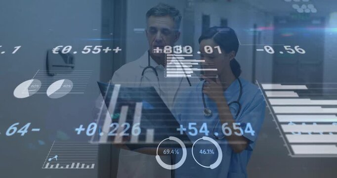 Two medical professionals reviewing patient chart in hospital corridor with floating data graphs