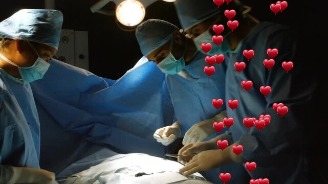 Surgical team inspecting and making incision, exchanging tools for care with hearts floating