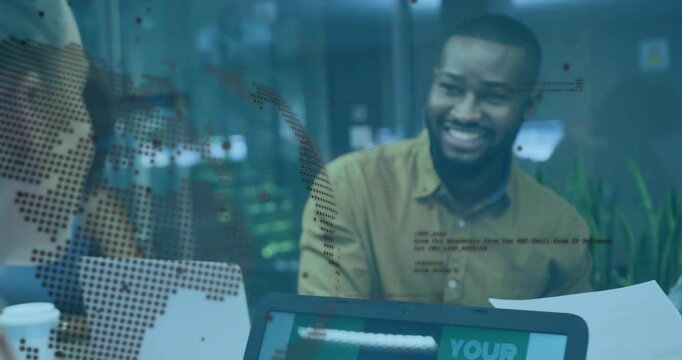 Code and map overlay appearing female coder typing laptop sliding papers as male colleague watching
