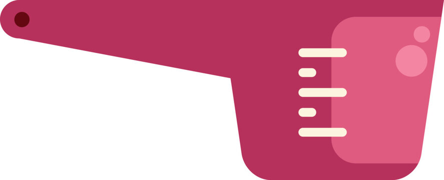 Simple pink measuring cup with a long handle and measurement markings on white background