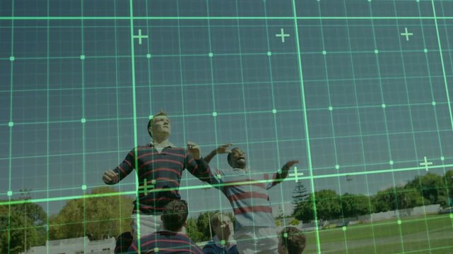 Sports team forming rugby lineout on field catching thrown ball lifting jumpers securing possession