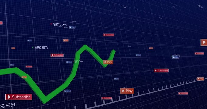 Bright green line graph emerging from corner, oscillating with red icons to show subscriber trends