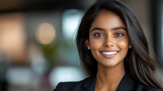 Confident young Indian woman smiling directly at camera, portraying professionalism and success in an office environment, representing legal expertise, business acumen, and positive leadership