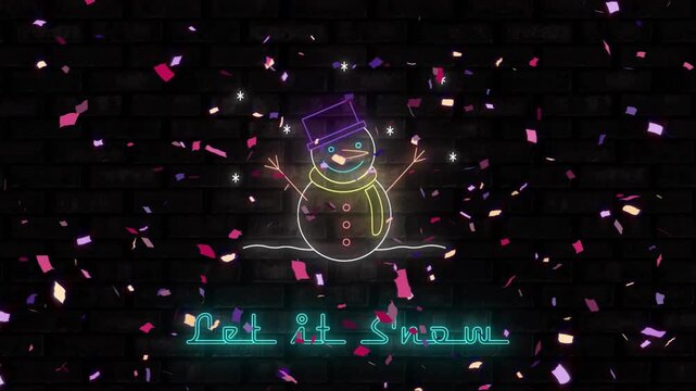 Opening dark wall revealing neon snowman outline, Let it Snow while snowflakes, confetti falling