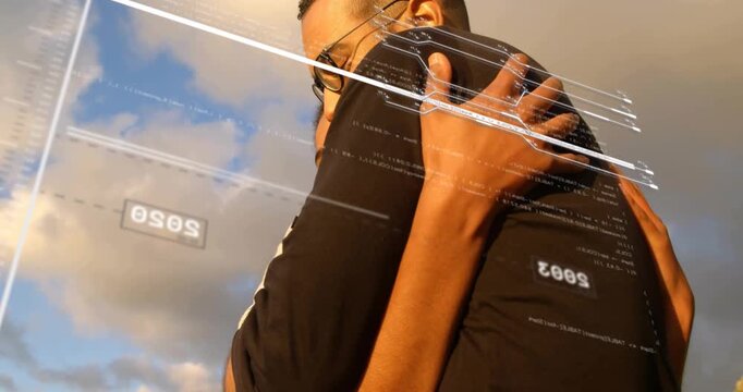 Man standing initiating technology overlay scanning years, woman hugging him evoking memories