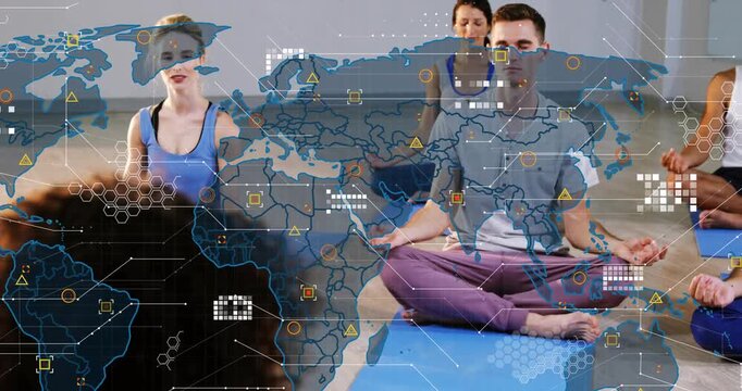 Yoga class entering blue mats, map overlay fading in guiding breathing and arm raising