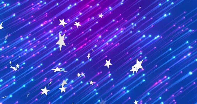 On loop stars moving diagonal neon trails, pulsing, clustering, spreading with sparks for design