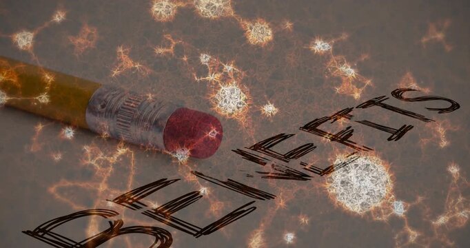 Glowing particles starting from top and drifting over pencil eraser, accenting letters for design