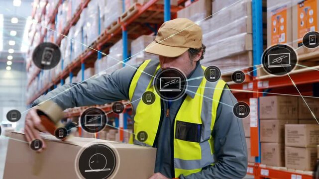Warehouse packer reaching tape dispenser, sealing box while icons linking, syncing watch for orders