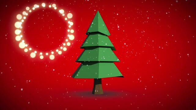 Animation of fairy lights frame with copy space and christmas tree on red background