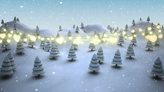 Glowing heart shaped fairy lights decoration against now falling over winter landscape