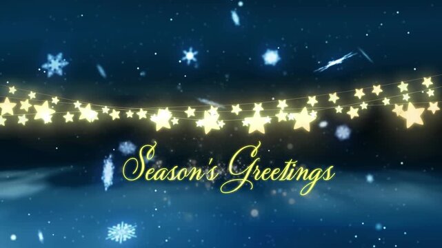 Animation of seasons greetings text over stars and snow falling on black background