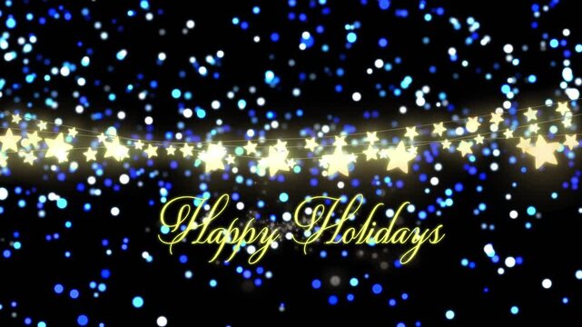 Animation of happy holidays text over stars and light spots on black background