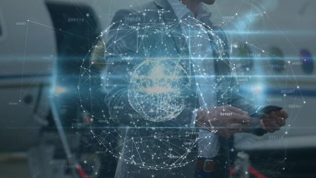 Animation of network of connections over businessmen using smartphone at the airport