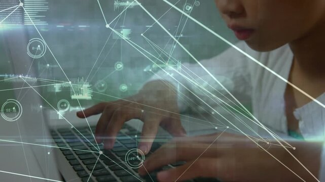 Animation of network of connections over asian schoolgirl using computer