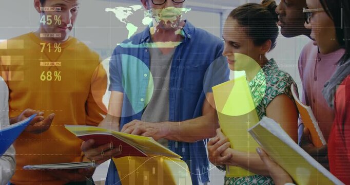 Animation of financial data processing over diverse group of business people
