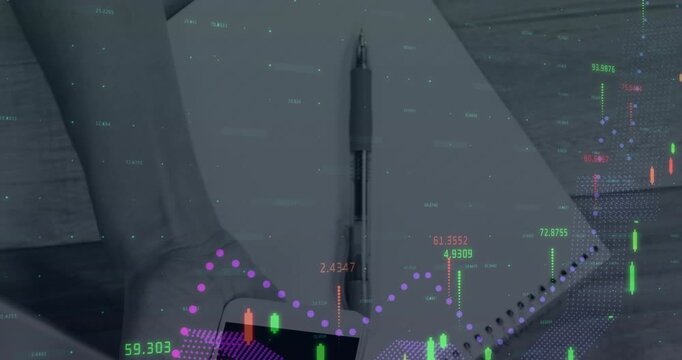 Animation of financial data processing over hand holding smartphone