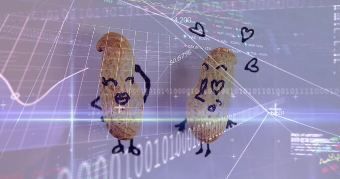 Animation of data processing over white background and peanuts