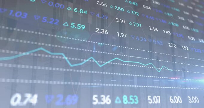 Animation of financial data processing over diverse business people in office
