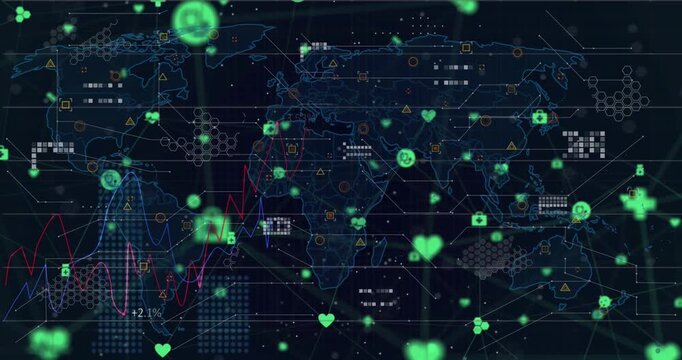 Animation of icons and data floating in black space