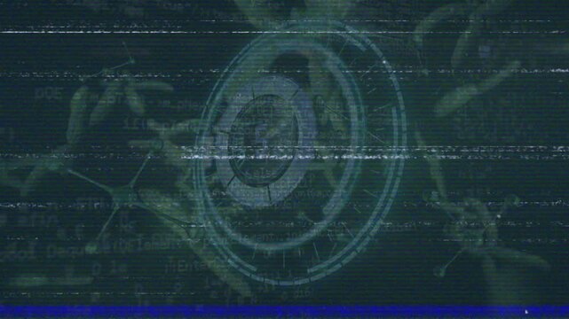Animation of hud circle with molecule structures on glitch digital interface