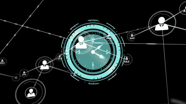 Animation of network of connections with icons over clock