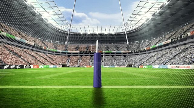 Animation of communication network over goal on american football stadium pitch