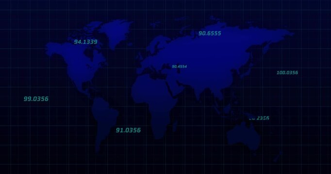 Animation of numbers floating over blue world map against grid pattern