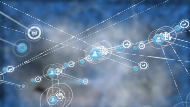 Animation of network of connections with icons over shapes on black background