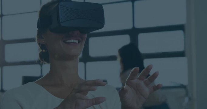 Animation of mathematical drawings and equations over schoolboy wearing vr headset