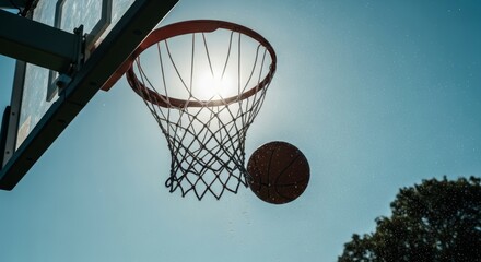 Naklejka premium Basketball hoop with ball going through net under clear blue sky