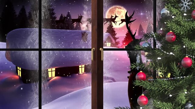 Animation of snow falling over santa claus in sleigh with reindeer and christmas tree
