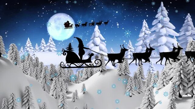 Animation of santa claus in sleigh with reindeer over winter scenery