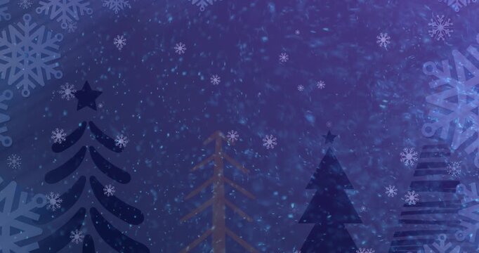 Glowing particles in blue and purple create a magical winter effect in a digital video.