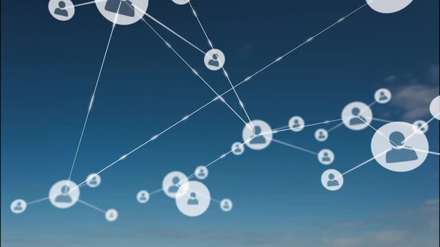 Animation of network of connections with icons over blue sky