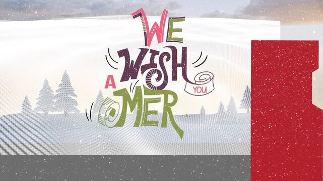 Animation of snow falling over merry christmas text banner against winter landscape