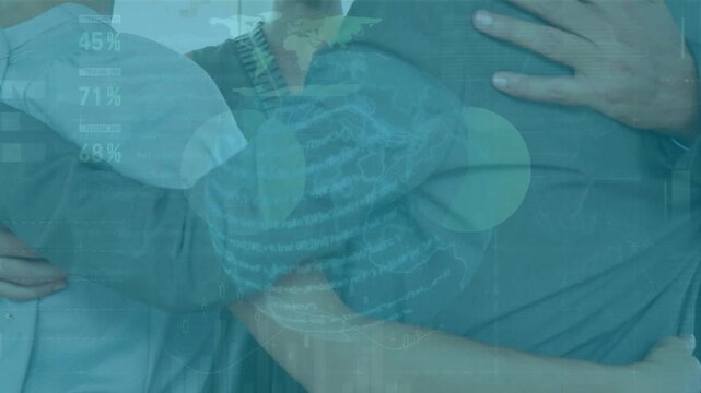 Animation of financial data processing over diverse business people at office