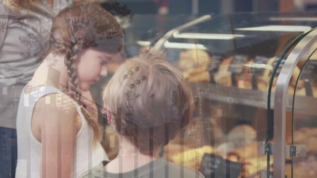 Animation of financial dat processing over caucasian children shopping