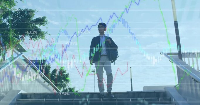 Animation of financial data processing over asian businessman in city