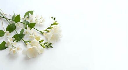 Obraz premium White freesia flowers with green leaves arranged on clean white background for wedding invitations, greeting cards and floral design projects.
