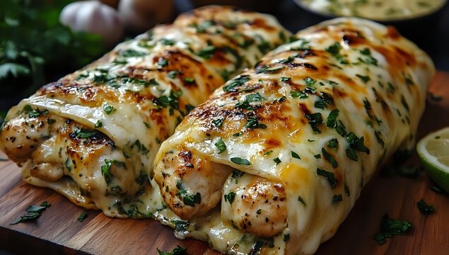 Savory herb-crusted chicken rolls stuffed with creamy filling on wooden cutting board. Perfect for dinner recipes, meal prep and culinary presentations.