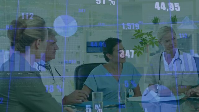 Medical team pointing and reviewing files while blue data overlay shifting to inform care decisions