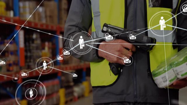 Vertical video: HUD starting network; warehouse worker scanning pack, camera pulling, showing stock