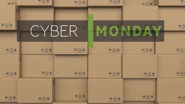 Animation of cyber monday text over stack of cardboard boxes in warehouse