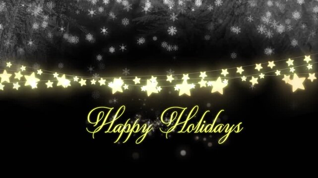 Animation of happy holidays text over snow falling and light spots