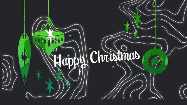 Animation of white text happy christmas, with contour lines and hanging green decorations, on black