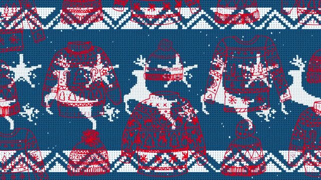 Christmas sweater in seamless pattern against reindeer icons on traditional blue christmas pattern